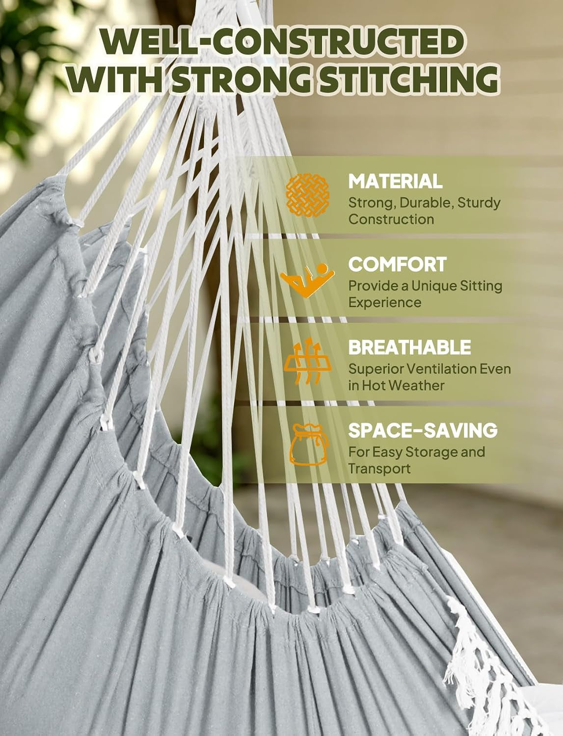 Hammock Chair Max 500 Lbs 2 Cushions Spreader Bar Strap Carabiner | Collapsible Metal Rod with Anti-Slip Grooves Portable Hanging Swing Side Pocket Macrame Bohemian Chair Indoor Outdoor Graden